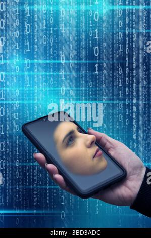 hand holding a smartphone with a digital assistent Stock Photo