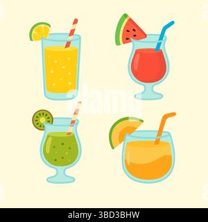 A flat vector illustration set of four colorful summer drinks. Kiwi, melon, watermelon and lemon flavors.  Stock Vector