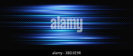 Futuristic blue laser beam with glowing flare and electric streaks. Fast horizontal motion effect on dark abstract background. Bright digital light burst vector for tech or fantasy design themes. Stock Vector