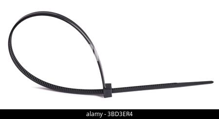 Black plastic cable ties isolated on white Stock Photo