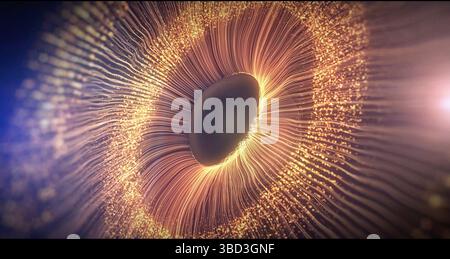 Abstract eye in space with golden light particles on blue background used for inspirational video projects, presentations, reports, commercials, socia Stock Photo