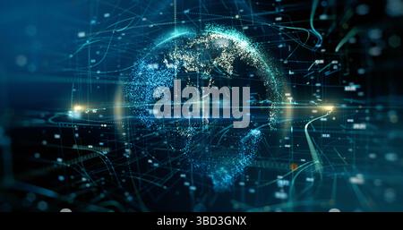 Luminous earth with particles and lines moving around it on blue. Connection and technology concept. I made this photo with 3D program, using its 3D a Stock Photo