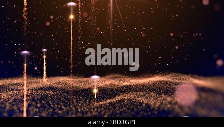 Magical particles rising from light waves on golden background used for nature or inspirational video projects, presentations, commercials, social med Stock Photo