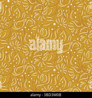 Floral pattern background with meadow outline ditsy flowers. Yellow backdrop and white daisy bouquets. Stock Vector
