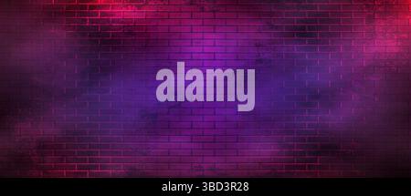 Cyber Neon Brick Wall Panorama. Retro Cyberpunk Background. Stock Vector