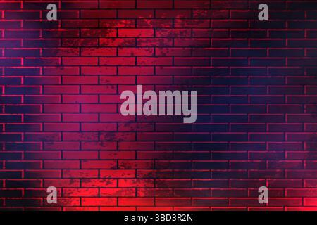 Dark Neon Brick Wall Background. Brickwall pattern with a cyber lightning. Stock Vector
