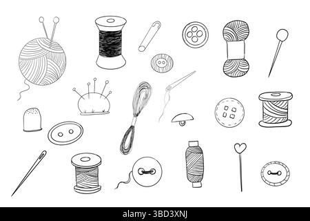 Sewing set with thread, needle buttons doodle hand drawn. Handmade crafts embroidery collection. Vintage tailor kit. Sewing accessories. Vector illustration Stock Vector