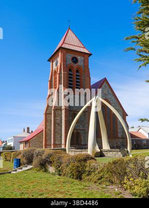 The church with Whalebone Arch, the icon of Stanley. Stanley, the capital of the Falkland Islands. South America, Falkland Islands, East Falkland Stock Photo
