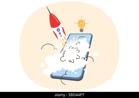 Mobile phone with rocket launch, metaphor for new startup with application for smartphone users Stock Vector