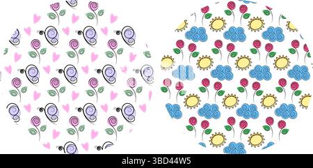Stylized Butterflies with hearts roses Sun and Cloud Seamless Patterns on Circular Backgrounds Set. Isolated Vector Illustration Springtime Greeting Thematic Cards, promo banners, leaflets, price tags Stock Vector