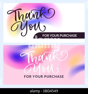 Thank you cards set with glowing neon liquid background. Abstract calligraphy handwritten greeting letter for purchasing. Vector elegant message desig Stock Vector