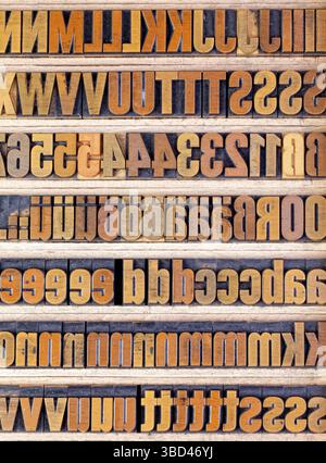 Letters in a type case, block letters made of wood Stock Photo