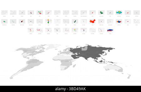 Asian Maps in Gray with National Flags. Gray World Map Featuring Asia. Stock Vector