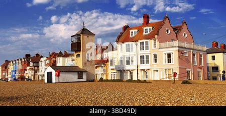 Sea front houses and shingle beach of Aldeburgh, Suffolk, England, United Kingdom Stock Photo