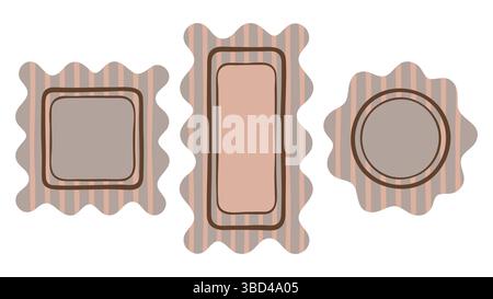 Frame, doodle wave edge border Set. Hand drawn paint brush wavy line stroke, beige coffee colour background. Square, circle rectangle geometric shape Stock Vector