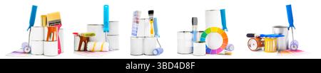Many cans of paints, brushes and color palettes on white background Stock Photo