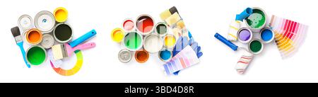 Many cans of paints, brushes and color palettes on white background, top view Stock Photo
