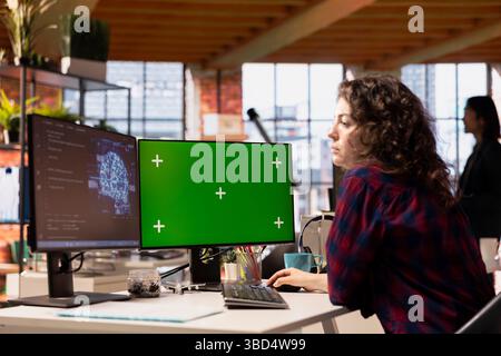 Admin using isolated screen PC working with machine learning technology in tech startup. Mockup computer display used by Silicon Valley IT specialist developing AI systems Stock Photo