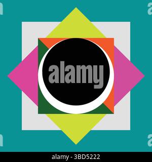 Abstract Geometric Vector, Black Circle Center, Colorful Layered Squares, Modern Digital Art Stock Vector