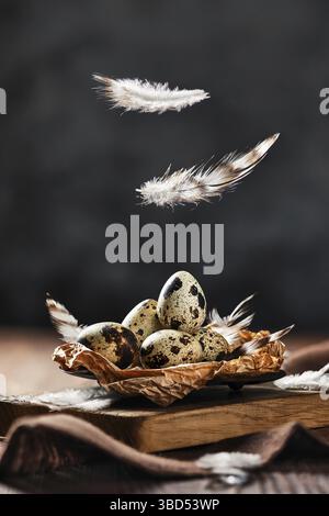 Feathers falling on a bowl with quail eggs Stock Photo