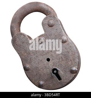 Old rusted antique metal padlock isolated on a white background Stock Photo