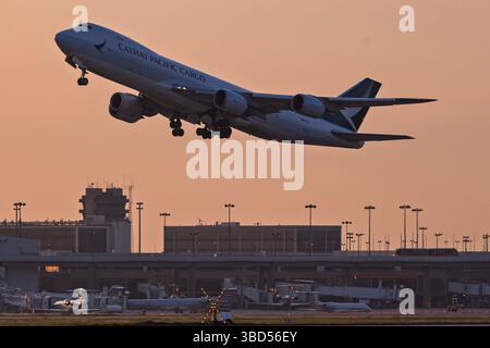 DFW Airport 9-16-2020 Grapevine TX USA  Cathay Pacific Cargo Boeing 747-8F B-LJI sunrise departure from DFW International Airport Stock Photo