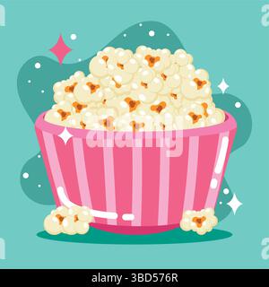 Popcorn in pink striped bowl. Vector Stock Vector