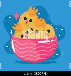 Chicks gathered in pink bowl. Vector illustration Stock Vector