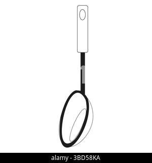 Cooking skimmer tool. Black and white style. Handle with loop. Household equipment illustration. Stock Vector