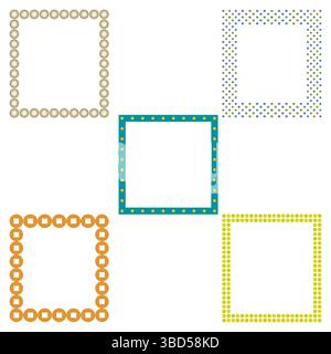 Bright dotted frames. Multicolored square borders. Round and square elements. Decorative geometric layout. Stock Vector