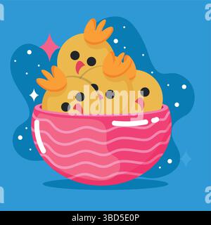 Chicks gathered in pink bowl. Vector Stock Vector