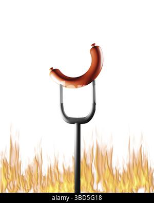 Grill or barbecue cookout concept. Bangers sausage on fork over the fire on white background Stock Photo