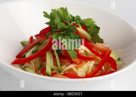 Closeup view of spring salad with paprika, cucumber and cabbage Stock Photo