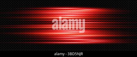 Red light streaks and laser beams on dark background. Neon glow and flare effects suggest fast motion and futuristic energy. Dynamic abstract vector design with speed, power, and tech elements. Stock Vector