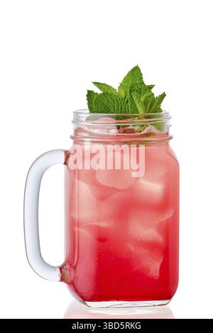 Cold strawberry lemonade in mason jar isolated on white background Stock Photo