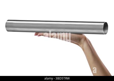 Hand holding stainless steel pipe isolated on white Stock Photo