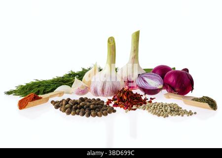 Set of spice and herbs for everyday cooking isolated on white Stock Photo