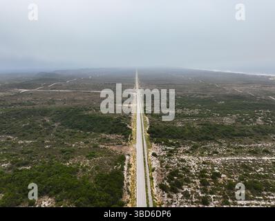 Portugal - Aerial view of a long straight The Atlantic Road running through rugged Atlantic forest and shrublands into the mist Stock Photo