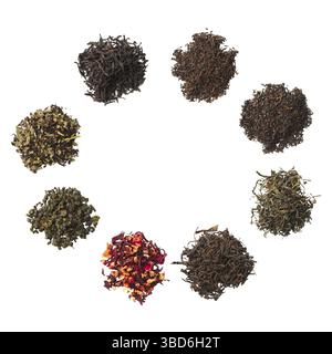 Heap of dried herbal tea leaves isolated on white. Top view Stock Photo