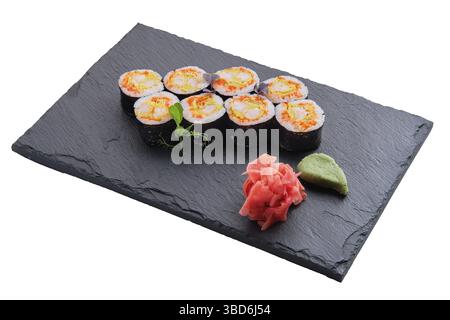 Set of rolls with omelette and shrimp isolated on white background Stock Photo