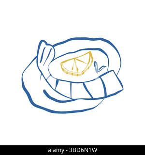 Hand drawn shrimp on plate with lemon slice in minimalist style blue and yellow seafood dish illustration Stock Vector