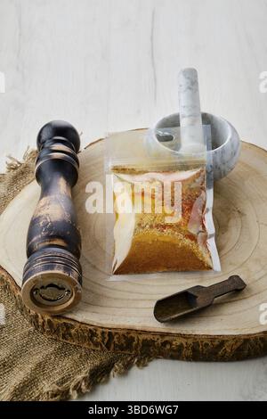 Mixture of different spices in plastic packaging Stock Photo