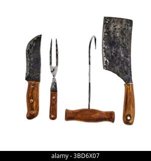 Set of butcher tools isolated on white background Stock Photo