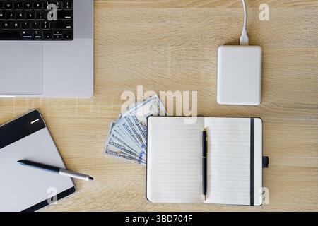 Concept of freelance graphic or environmental design, creative art, web design. Top view of desk of successful designer Stock Photo