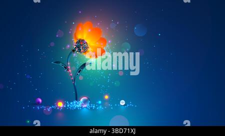 Robot flower blossomed in cyberspace, symbolizing the emergence of AI. Wallpaper with beautiful cybernetic Flower with neon lights. Artificial Intelli Stock Vector