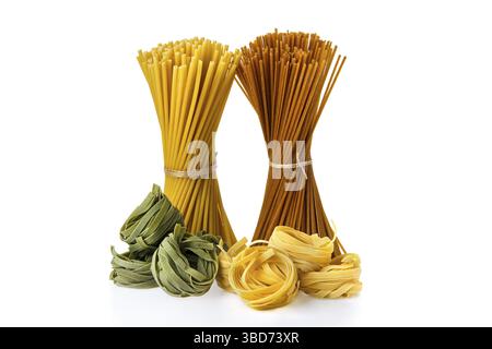 Various kinds of pasta isolated on white background Stock Photo