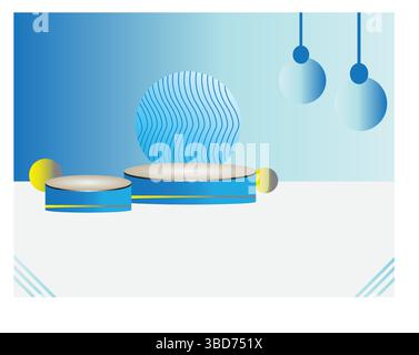 Blue Tech-Inspired Podium Scene with Hanging Lamps For Product Display Stock Vector