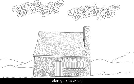 Black and white line art illustration featuring a charming house set in a hilly landscape under stylized, swirling clouds. The house is adorned with i Stock Vector