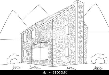 Hand-drawn black and white line art illustration of a charming countryside house with intricate zentangle-style patterns on its walls and chimney. The Stock Vector