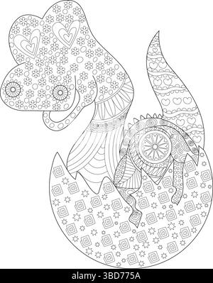 Adorable baby dinosaur emerging from a decorated eggshell, depicted in intricate zentangle-inspired line art. Perfect for coloring books, educational Stock Vector